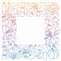 Fototapeta na wymiar Vector pattern with healthy food. Fruits and vegetables. Milk, dairy products. Pattern for store, mall, menu, cafe, restaurants.
