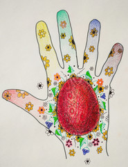 Hand drawn open human hand, palm with red Easter egg in the hand centre, llustration, paper