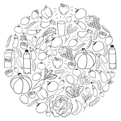 Vector pattern with healthy food. Fruits and vegetables. Milk, dairy products. Pattern for store, mall, menu, cafe, restaurants.