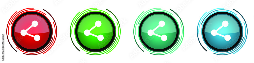 Poster Share round glossy vector icons, set of buttons for webdesign, internet and mobile phone applications in four colors options isolated on white background.