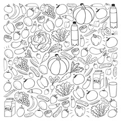 Vector pattern with healthy food. Fruits and vegetables. Milk, dairy products. Pattern for store, mall, menu, cafe, restaurants.