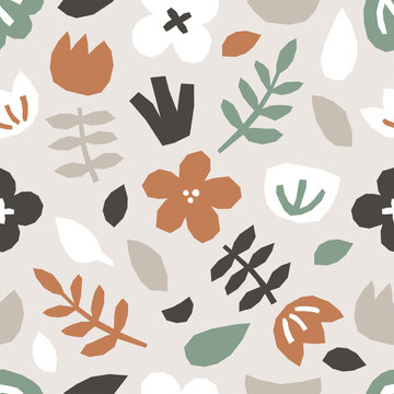 Fototapeta Cute trendy seamless pattern with abstract collage of organic shapes on white background, vector illustration in minimal flat style