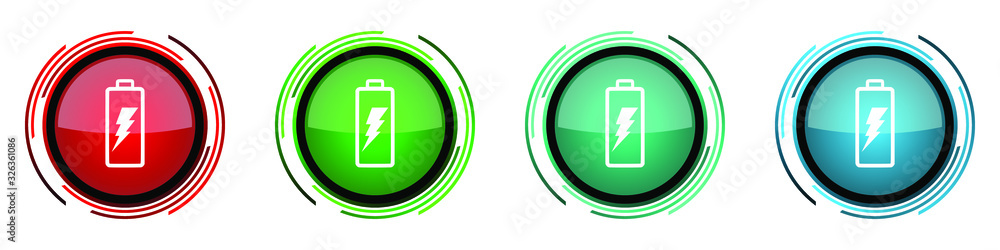 Aufkleber Battery round glossy vector icons, set of buttons for webdesign, internet and mobile phone applications in four colors options isolated on white background