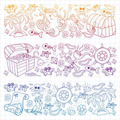 Vector set with pirate elements for birthday party for little children. Kids pattern with octopus, beach, treasure chest, ship