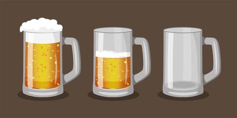 Three mugs of beer with one full, one half-full and one empty. Vector illustration in cartoon style