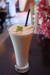 Close up of milkshake on cafe table 