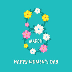 Greeting card for International Womens Day. Text Happy women's day with flowers