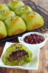 Matcha green tea bread buns filled with Adzuki red bean paste