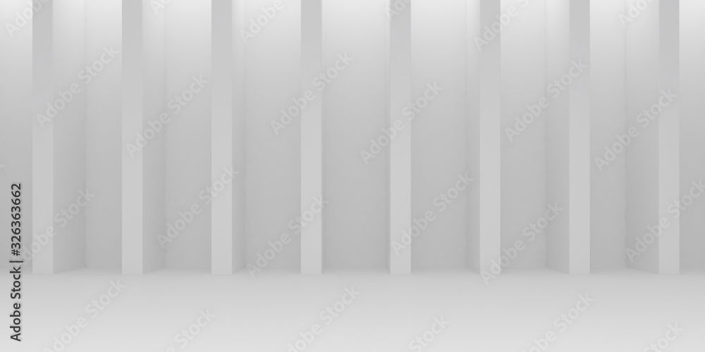 Poster Abstract of architecture space with rhythm of white structure with sun light cast shadow on the wall. 3D rendering.