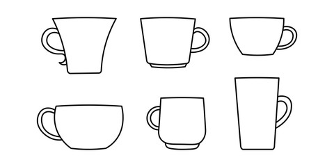 cartoon coffee or tea cups black lines silhouettes on white background, set of mugs icons, editable vector illustration for decoration, coloring book, stickers