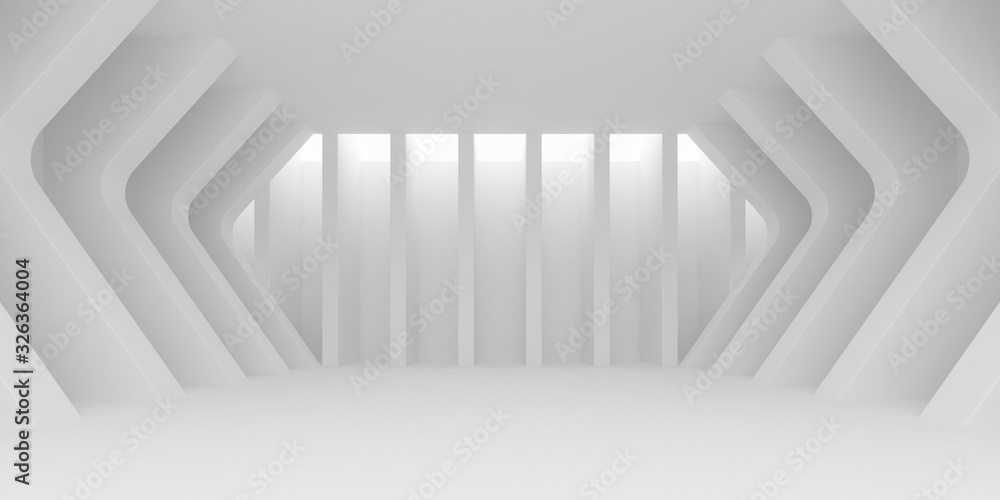 Poster Abstract of architecture space with rhythm of white structure with sun light cast shadow on the wall. 3D rendering.