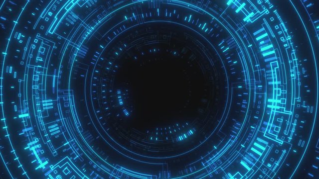 Looped animation. Abstract background. Moving through hyperspace with bright circles in blue color. Modern colorful wallpaper. 3d rendering.