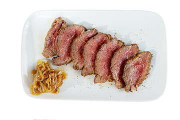 Cold appetizer before alcohol, food marinated roast beef, fried, beef, with pickled onions, slices, 7 pieces on square plate, white isolated background view from above