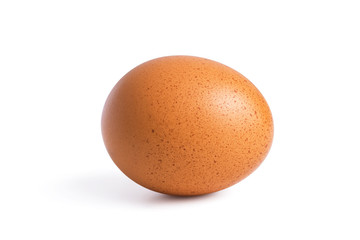 Single horizontal brown chicken egg isolated on white background with shadow.