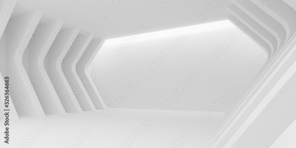 Aufkleber Abstract of architecture space with rhythm of white structure with sun light cast shadow on the wall. 3D rendering.