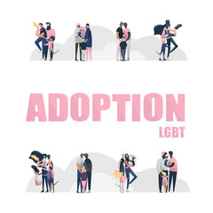 Collection of LGBT families with children. Set of parents and kids isolated on white background. Vector illustration in flat cartoon style.