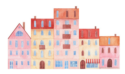 Watercolor hand drawn illustration of buildings. Street view