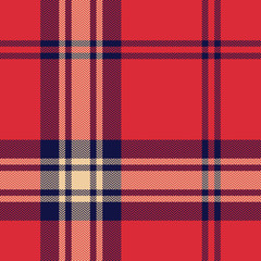 Tartan plaid pattern seamless vector texture. Herringbone check plaid background in dark blue, red, and beige for flannel shirt, blanket, throw, duvet cover, or other modern fabric design.
