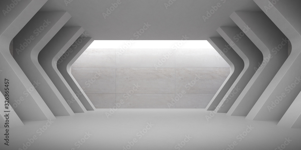 Poster Abstract of architecture space with rhythm of concrete structure with sun light cast shadow on the wall. Cement texture. 3D rendering.