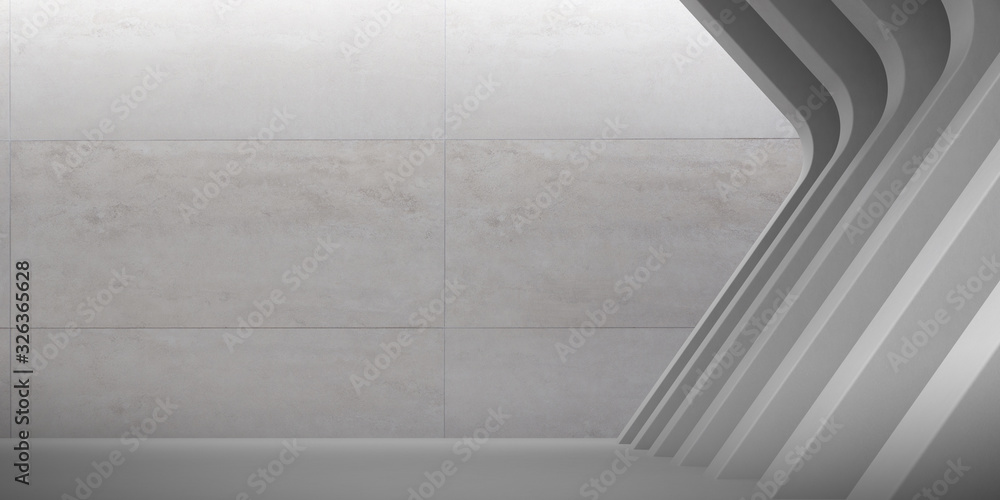 Poster Abstract of architecture space with rhythm of concrete structure with sun light cast shadow on the wall. Cement texture. 3D rendering.
