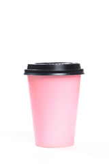 Coffee or tea pink paper cup isolated on white background  - Image