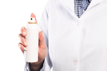 Doctor hand in sterile gloves holding spray  isolated on white background  - Image