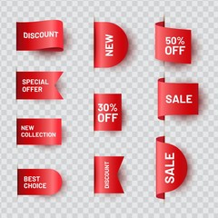 Red realistic ribbon price tag set. Sale offer label collection