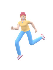 Young cheerful hipster girl in a hat dances, jumps, levitates and flies. Positive character in casual colored clothes isolated on a white background. Funny, abstract cartoon people. 3D rendering.