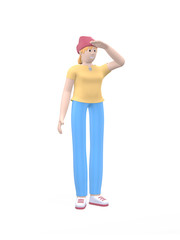Young cheerful hipster girl in a hat looks into the distance hand near the eyes. Positive character in casual colored clothes. Funny, abstract cartoon people. 3D rendering.