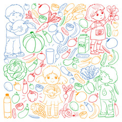 Fototapeta na wymiar Vector pattern with children eating healthy food. Fruits and vegetables. Kids like milk, dairy products. Pattern for store, mall, menu, cafe, restaurants.
