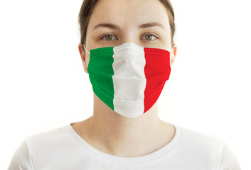 Coronavirus COVID-19. Woman With Face Mask and Italian Flag. Closeup.