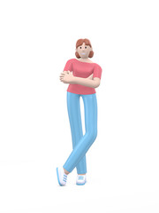 Young happy girl posing in free pose of hands on her chest. Positive character in casual colored clothes isolated on a white background. Funny, abstract cartoon man. 3D rendering.
