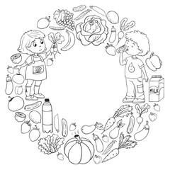 Vector pattern with children eating healthy food. Fruits and vegetables. Kids like milk, dairy products. Pattern for store, mall, menu, cafe, restaurants.