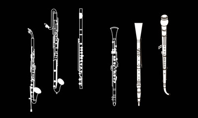 White outline alto, bass and soprano clarinet, oboe, English horn, flute, the contour set of musical instruments on a black background