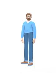 Young cheerful guy with a beard in glasses posing in a free pose. Positive character in casual colored clothes isolated on a white background. Funny, abstract cartoon man. 3D rendering.