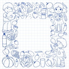 Vector pattern with children eating healthy food. Fruits and vegetables. Kids like milk, dairy products. Pattern for store, mall, menu, cafe, restaurants.