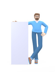 Young cheerful guy with a beard in glasses stands a hand on a white board for text. Positive character in casual colored clothes. Funny, abstract cartoon man. 3D rendering.
