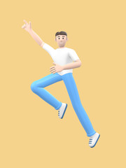 Fototapeta na wymiar A young cheerful guy dances, jumps, levitates and flies. Positive character in casual colored clothes on a yellow background. Funny, abstract cartoon people. 3D rendering.