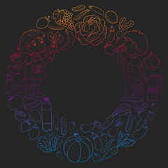 Vector pattern with children eating healthy food. Fruits and vegetables. Kids like milk, dairy products. Pattern for store, mall, menu, cafe, restaurants.