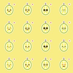 Funny and kawaii durian fruits. tropical fruit flat design Vector illustration. Use for card, mascot, poster, banner, emoji, emoticon, web design and print on t-shirt. Easy to edit.