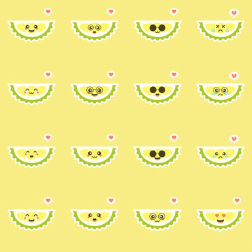Funny and kawaii durian fruits. tropical fruit flat design Vector illustration. Use for card, mascot, poster, banner, emoji, emoticon, web design and print on t-shirt. Easy to edit.