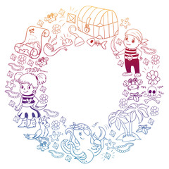 Vector set with pirate elements for birthday party for little children. Kids pattern with octopus, beach, treasure chest, ship