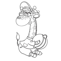 cute giraffe character in clothes and a cap sits and holds a ball in his hands, drawing in outline, isolated object on a white background,