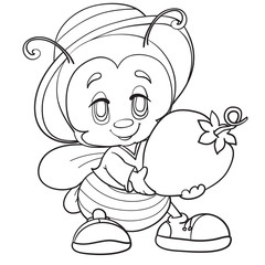 cute bee character in hat holds strawberries in his hands, outline drawing, isolated object on white background,