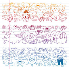Vector set with pirate elements for birthday party for little children. Kids pattern with octopus, beach, treasure chest, ship