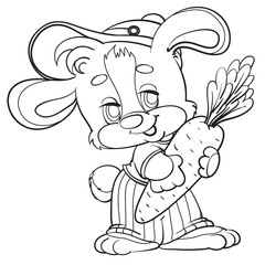 cute cheerful hare in a big cap holds in his paws a big carrot, isolated object on a white background, outline drawing,