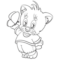 cute kitten in trousers and a t-shirt holds a butterfly on his paw, outline drawing, isolated object on a white background,