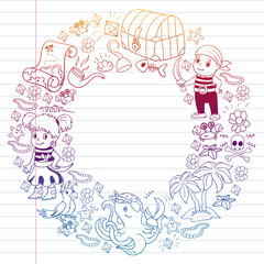 Vector set with pirate elements for birthday party for little children. Kids pattern with octopus, beach, treasure chest, ship