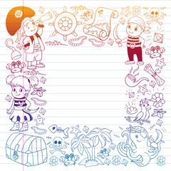 Vector set with pirate elements for birthday party for little children. Kids pattern with octopus, beach, treasure chest, ship