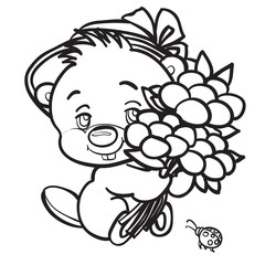 the character of a cute kitten holds a large bouquet of flowers in its paws and a small insect crawls towards it, drawing in outline, isolated object on a white background,